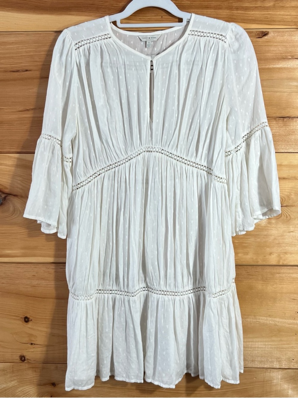 Lucky Brand White Swiss Dot Mini Dress Peasant Boho Gathered Gauzy Flowy Coastal - Picture 3 of 7